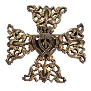 Accessocraft NYC Gold Tone Heart Crown Maltese Cross Brooch, Signed M21